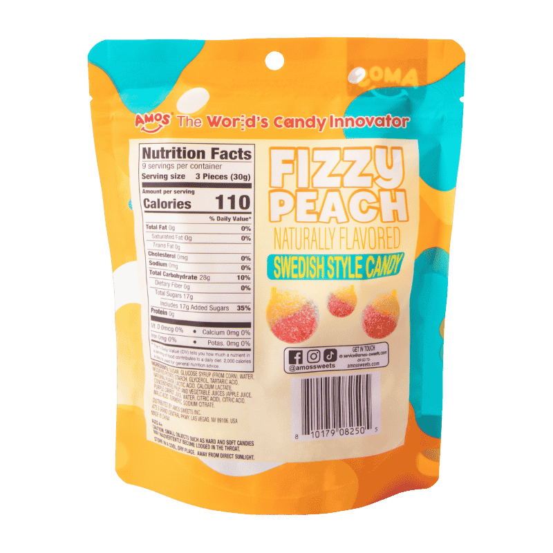 Amos Fizzy Peach Swedish Style Candy 9.5 OZ (270g)
