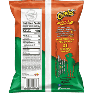 Cheetos Cheddar Jalapeño Crunchy 8.5oz 240.9g Botana Picante - Vista trasera con informacion nutrimental