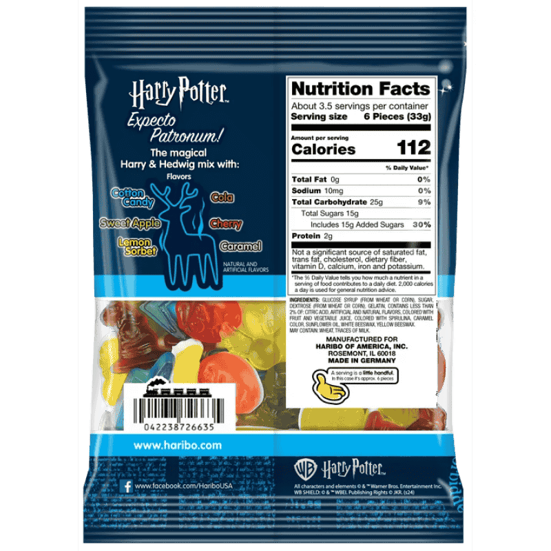 Haribo Harry Potter Gummies 4oz 113g bolsa de gomitas temáticas importadas de USA - Empaque vista trasera con informacion nutrimental.