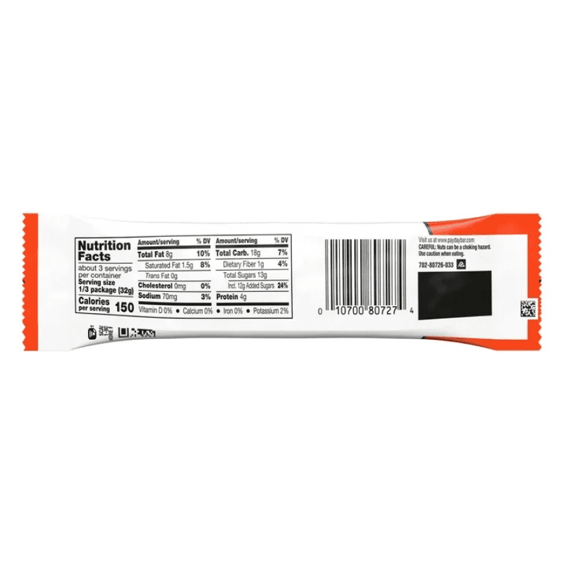 payday peanut caramel king size candy bar 3.4oz - parte atras