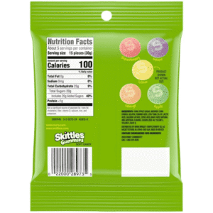Skittles Gummies Sour 5.80oz 164.4g vista trasera del empaque con informacion nutrimental