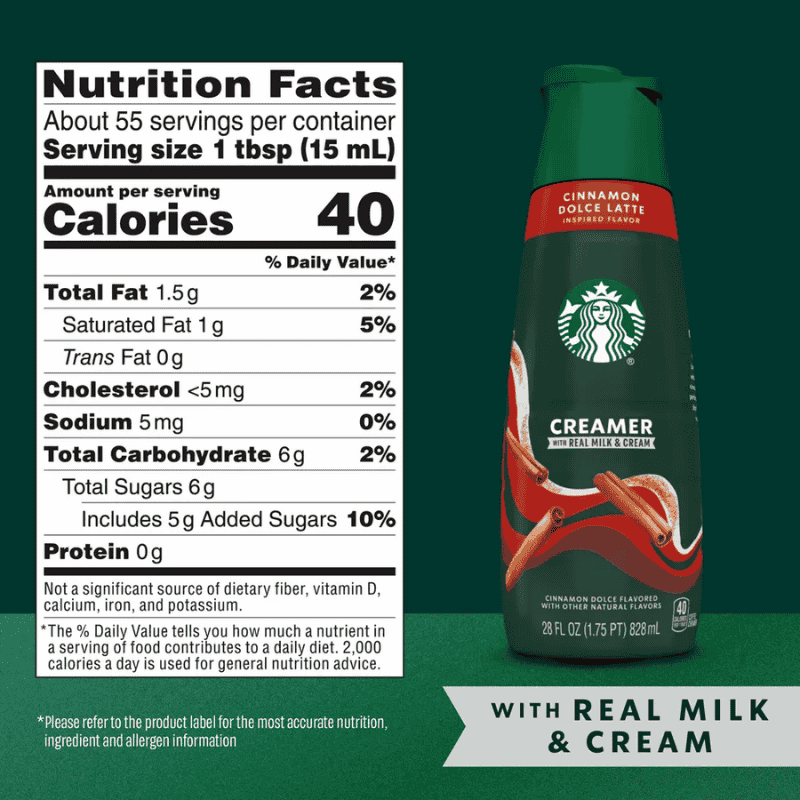 Starbucks Creamer Cinnamon Dolce Latte 28oz 828ml informacion nutrimental
