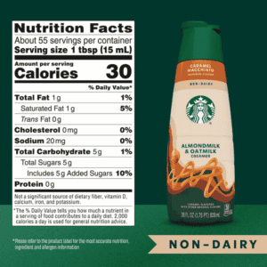 Starbucks Creamer Non Dairy Almondmilk & Oatmilk Caramel Macchiato 28oz 828ml informacion nutrimental
