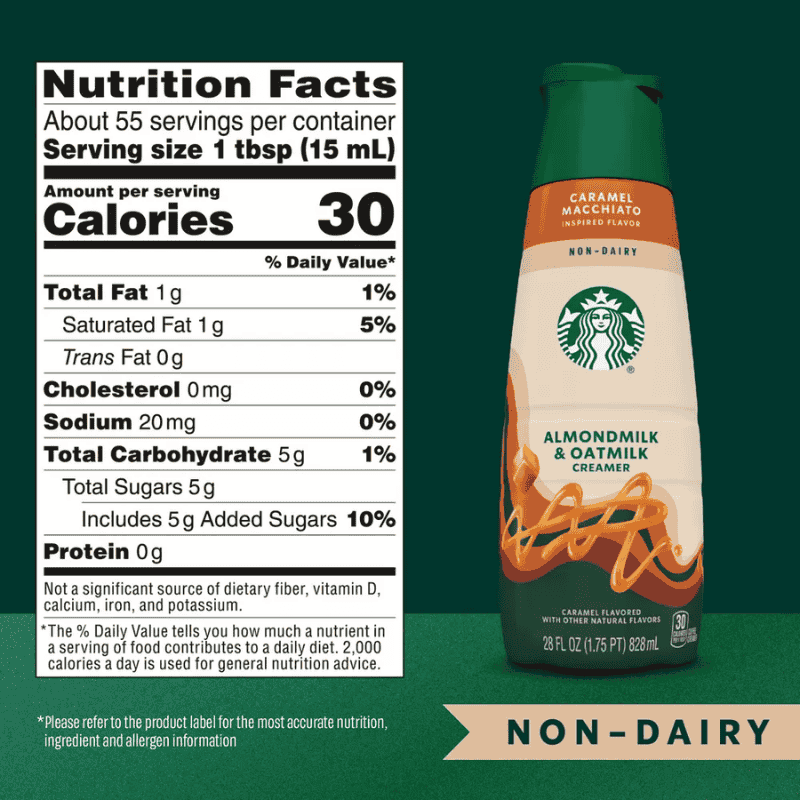 Starbucks Creamer Non Dairy Almondmilk & Oatmilk Caramel Macchiato 28oz 828ml informacion nutrimental