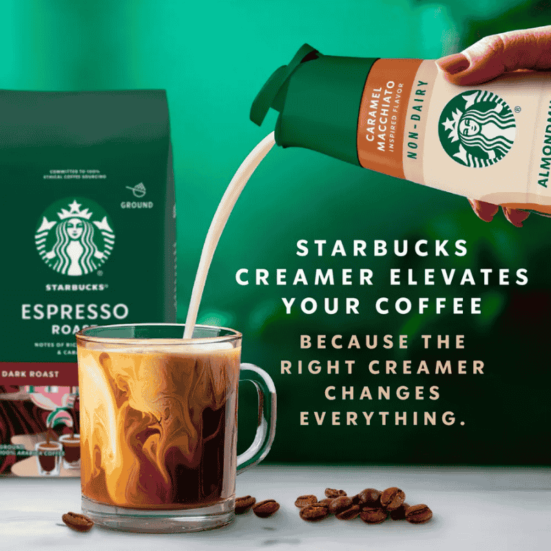 Starbucks Creamer Non Dairy Almondmilk & Oatmilk Caramel Macchiato 28oz 828ml descripcion visual
