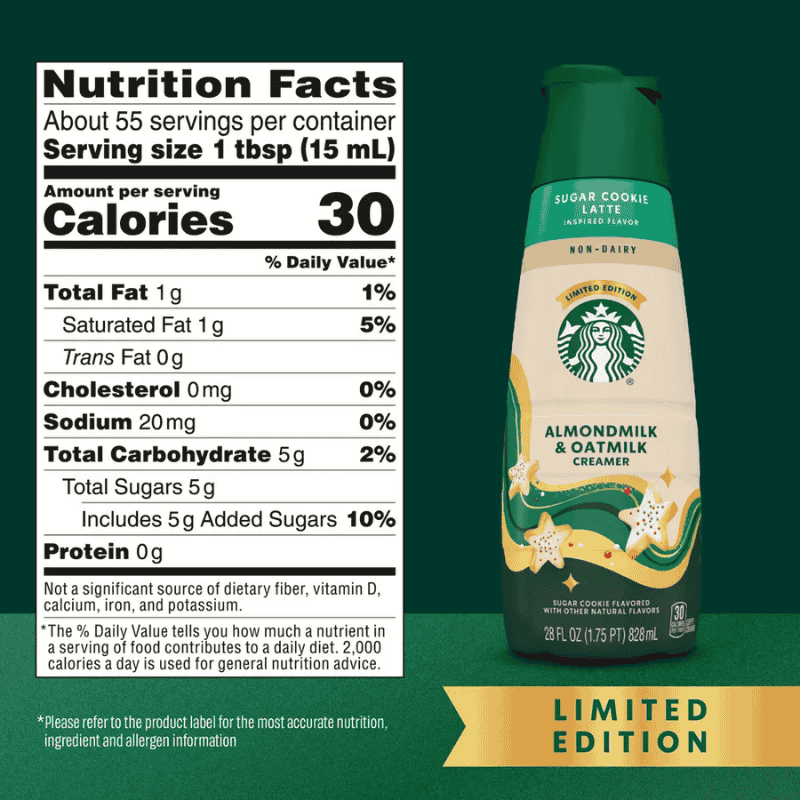 Starbucks Creamer Non Dairy Sugar Cookie Latte 28oz 828ml informacion nutrimental