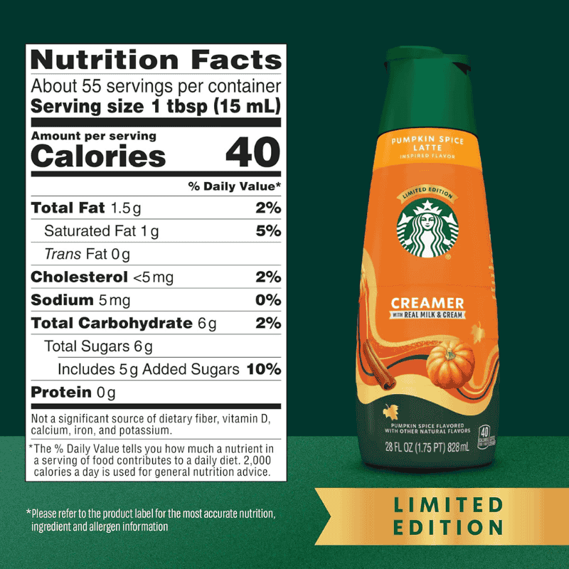Starbucks Creamer Pumpkin Spice Latte 28oz 828ml informacion nutrimental