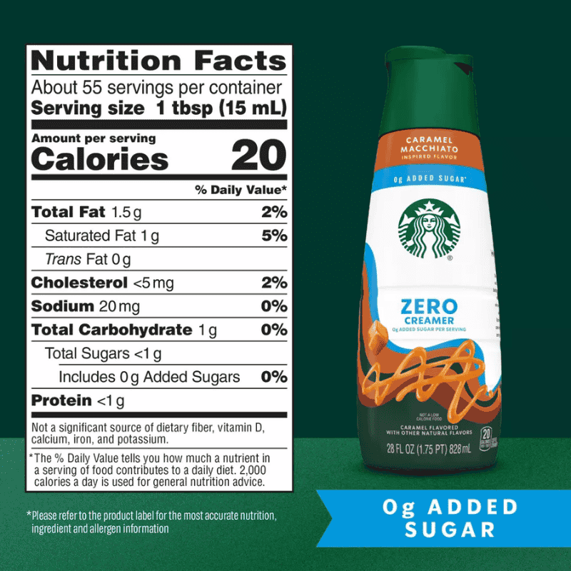 Starbucks Creamer Zero Sugar Caramel Macchiato informacion nutrimental