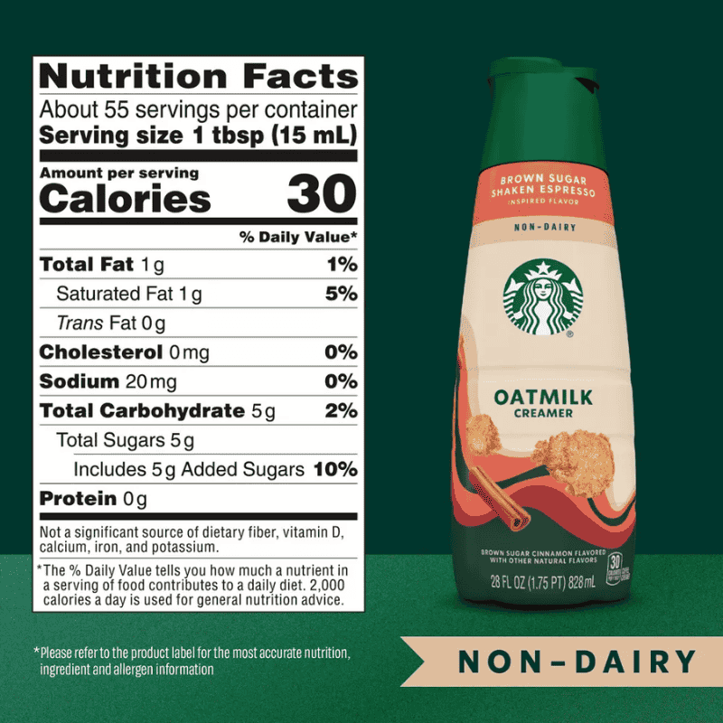 Starbucks Oatmeal Creamer Brown Sugar Shaken Espresso 28oz 828ml informacion nutrimental