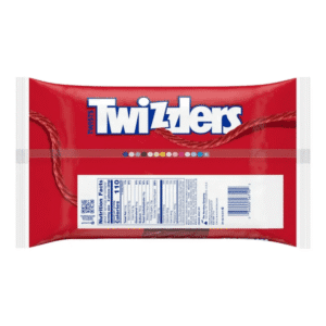 Twizzlers Twists Strawberry Big Bag 32oz 907g Regaliz vista trasera de empaque con informacion nutrimental