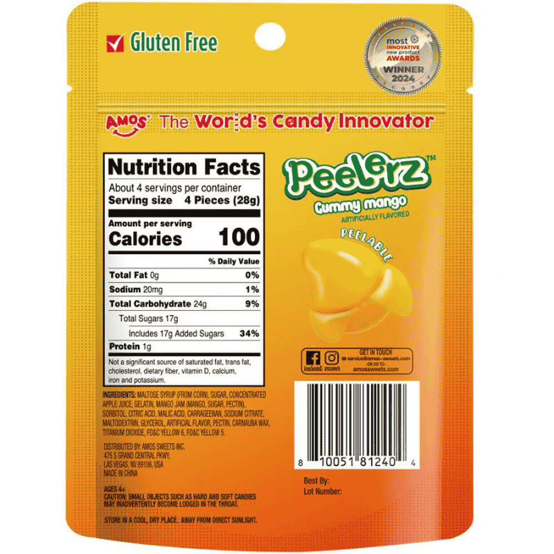 Peelerz Mango 4.25oz 120g bolsa de gomitas sabor mango vista trasera con informacion nutrimental