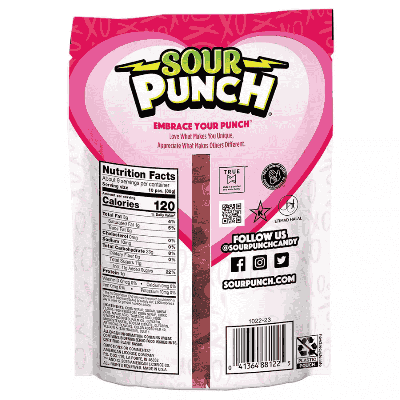 Sour Punch Bites Rad Reds Valentines 9oz 255g Vista Posterior con Informacion nutrimental