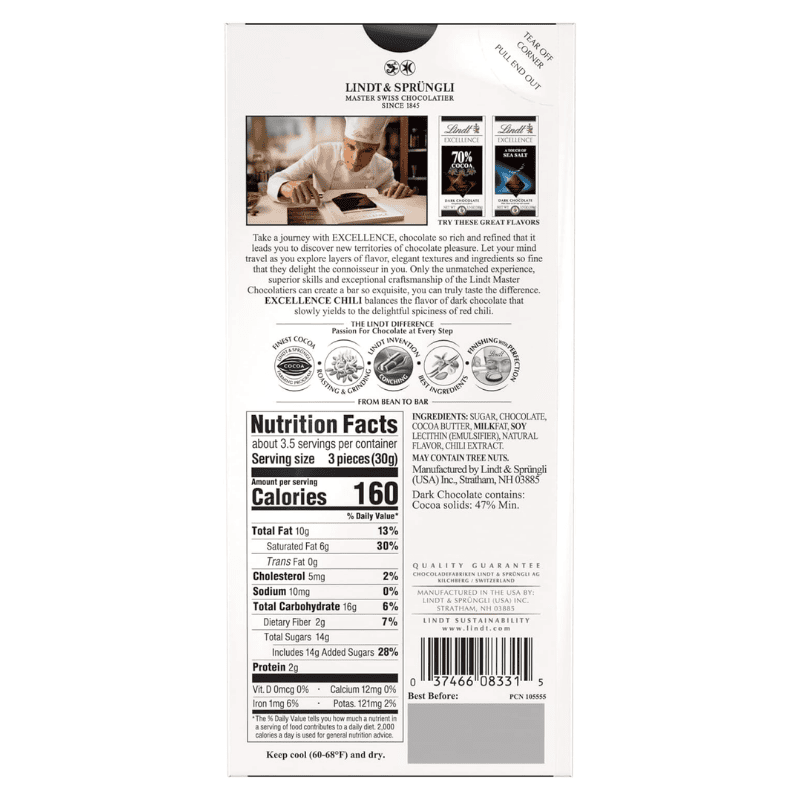 Lindt Excellence Chili Dark Chocolate Bar 3.5oz (100g)