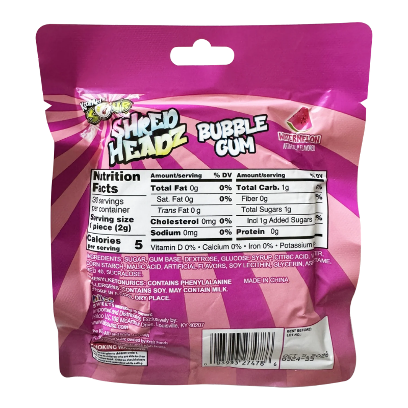 Kool-Aid Sour Shred Headz Bubble Gum Watermelon 60g